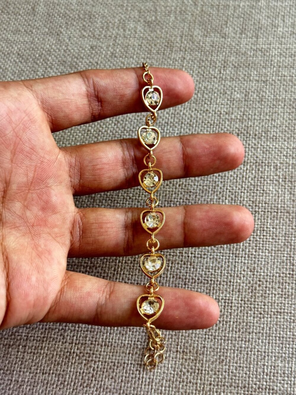Dainty Gold Heart Rhinestone Link Bracelet Coquette Y2K Romantic OS